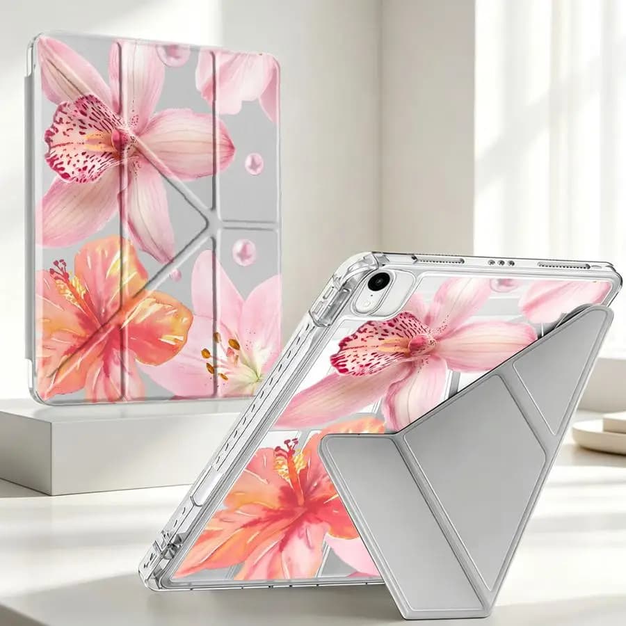 With Pen Slot Cover Tablet Case For iPad Pro 13 2025 2026 10th Gen Mini 7 6 5 12th 9th Air 8 M2 M3 3 11th Pink Lily Flower