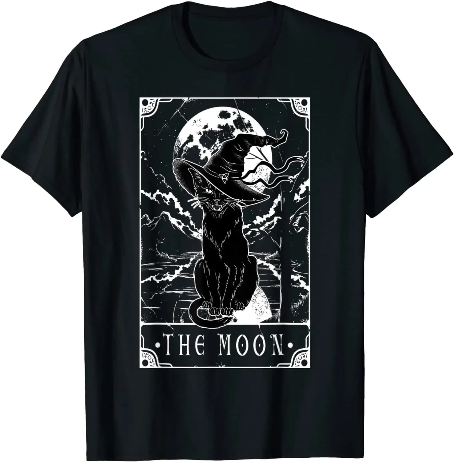 Tarocchi Card Crescent Moon e Black Cat Witch Hat Halloween t-shirt