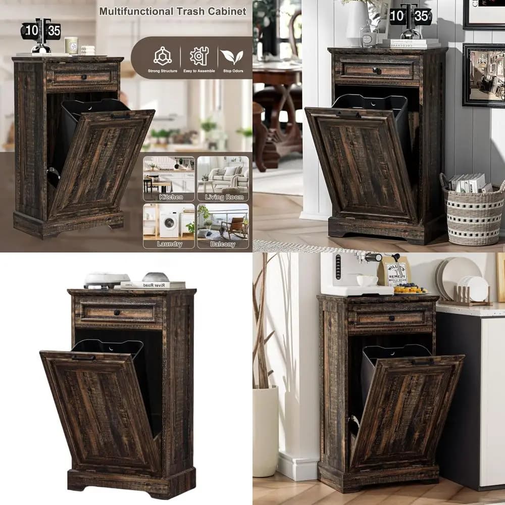 Mobiletto da cucina nascosto per rifiuti con cestino per la raccolta differenziata, marrone rustico