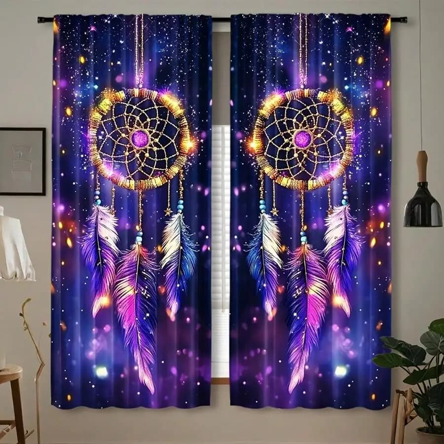 Dreamcatcher Curtain - Starry Sky Window Drape, Boho Feather Decor, Bedroom Living Room, Polyester, Rod Not Included