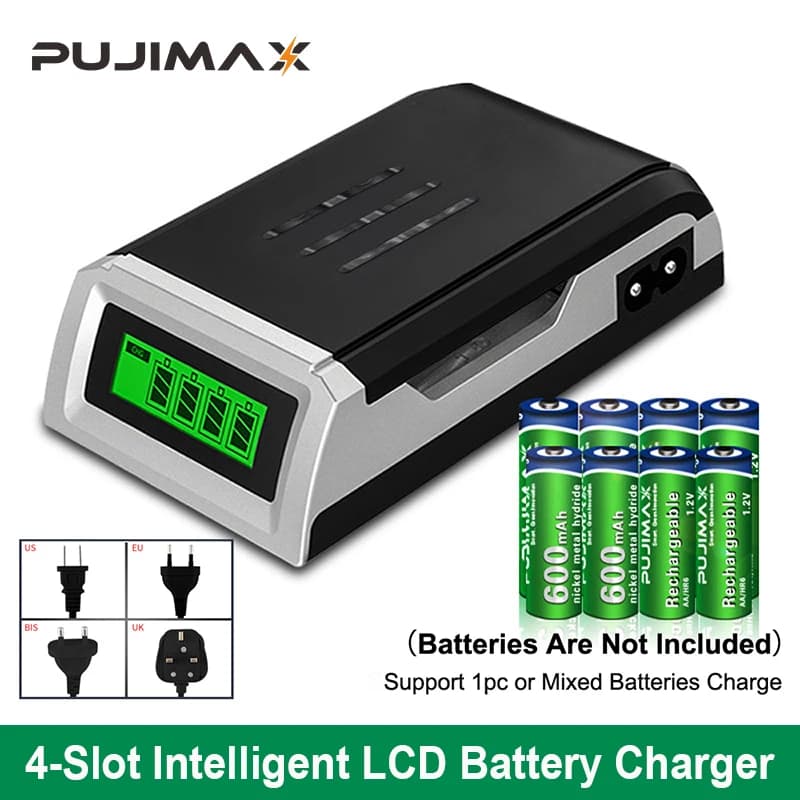 PUJIMAX Caricabatteria Smart 1.2V a 4 slot con cavo di ricarica Display LCD per adattatore batterie ricaricabili AA/AAA NiMH NiCd