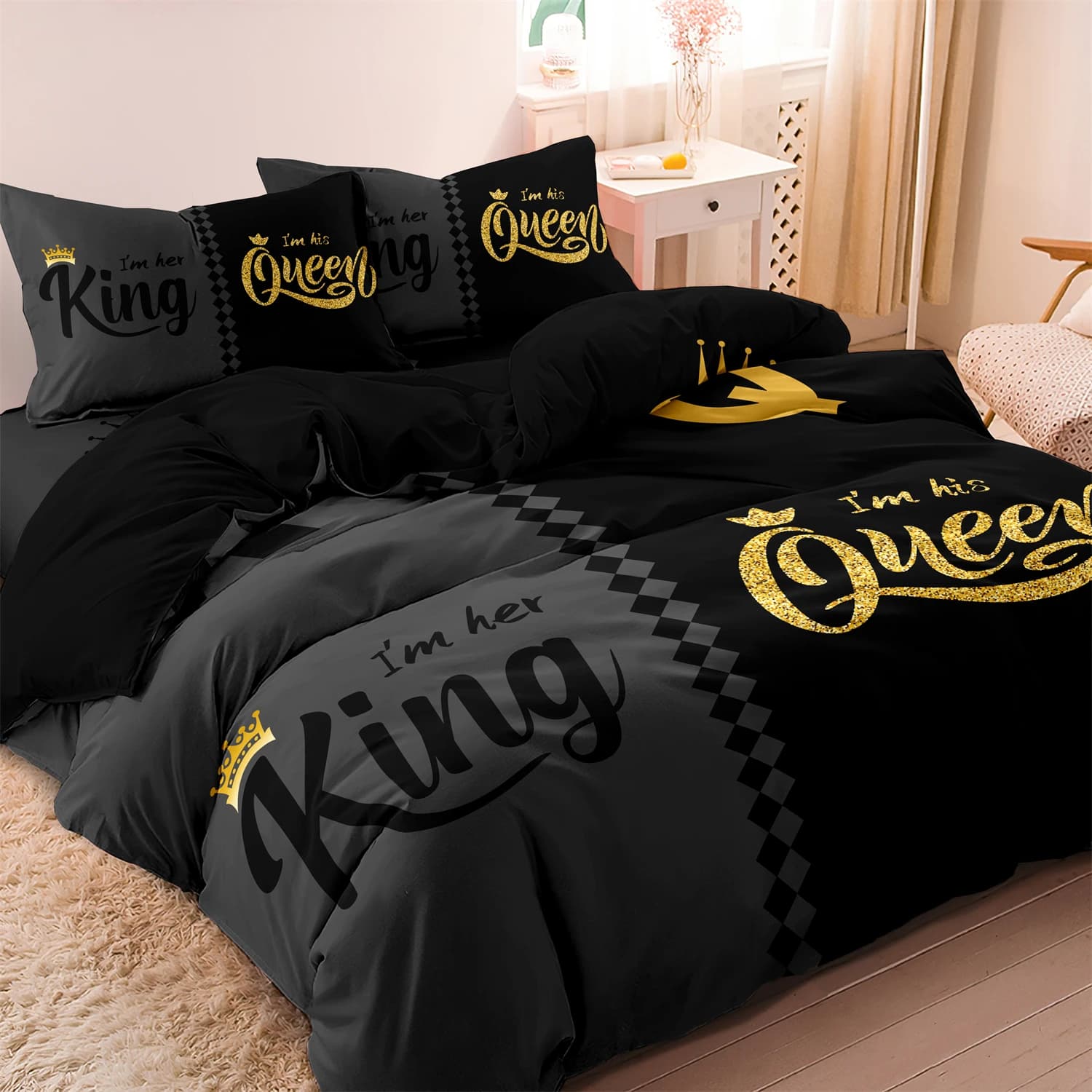 Queen & King Crown printed bedding set from 3 pieces fashionable black gray upholstery soft, comfortable and breathable, bedroom, hotel