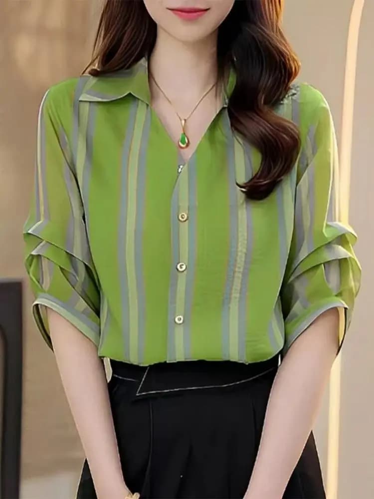 Retro Contrast Color Stripe V-Neck Loose Fit Thin Shirt Women's Summer Slimming Lazy Style Five-Quarter Sleeve Blouse