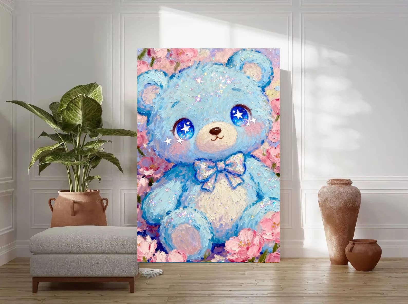 Cute Blue Bear Diamond Painting By Numbers Diamond Art Floral Background For Modern Home Wall Decor Frameless