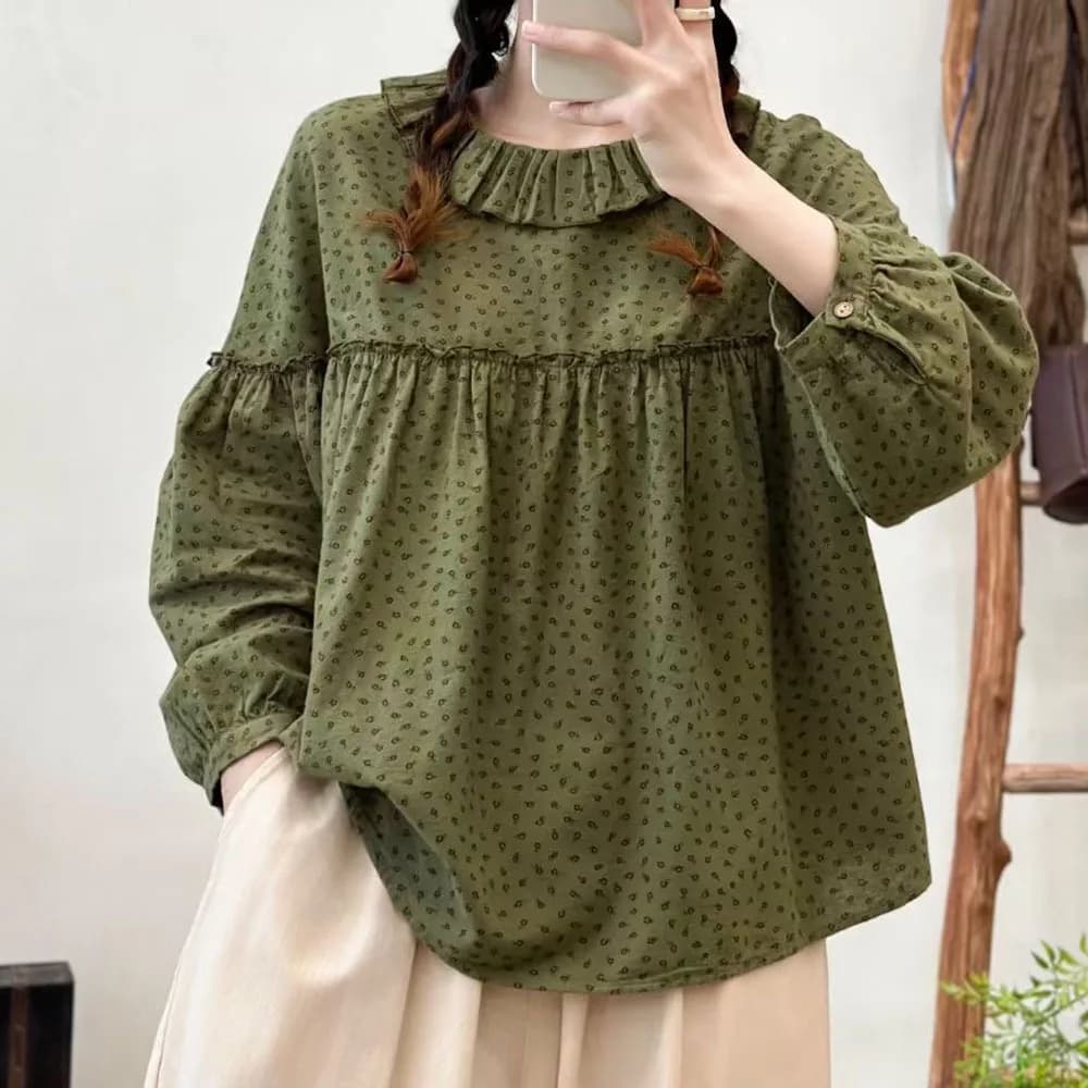 Top a maniche lunghe da donna autunno 100% cotone Camicie e camicette verdi con pois increspati vintage in stile giapponese per top da donna