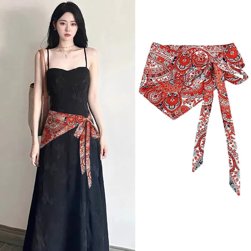 Sciarpa triangolare con fiori di anacardi, abbigliamento impilato da donna, accessori di fascia alta, sciarpa di seta in stile etnico, cintura, sigillo in vita.