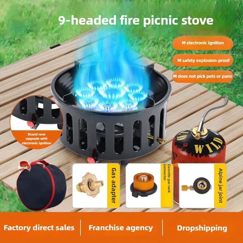 Camping 2100W to 9 Cookers, High Power Portable Gas Burner with Electronic Winding, Camping Equipment
