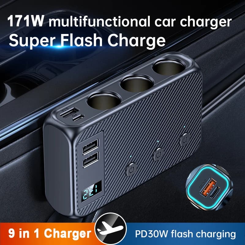 171W 9 in 1 Car charger 3 doors Splitter 12V 24V cigarette lighter Fast charger Spina Power adapter for iPhone GPS Dashcam