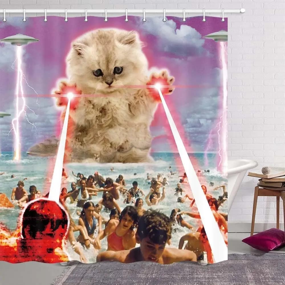 Tenda da doccia con gatto divertente, divertente animale giapponese carino che cavalca balena oceano mare onda bambini pesci esilaranti tende da doccia