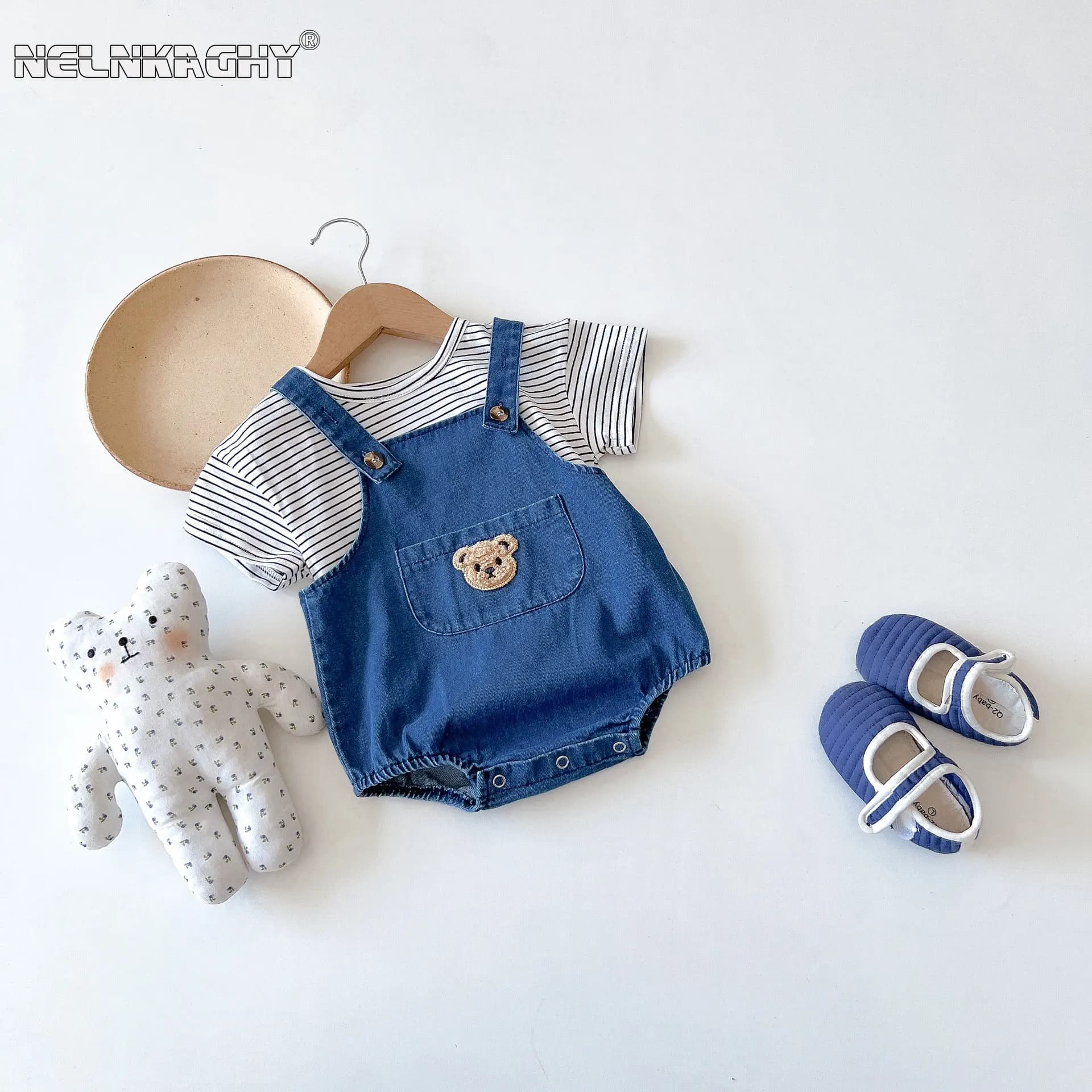 Summer Newborn Baby Grils Boys Sling Denim Cotton Bear abbigliamento Outdoor body Stripe Top Tees t-shirt Infant Kids