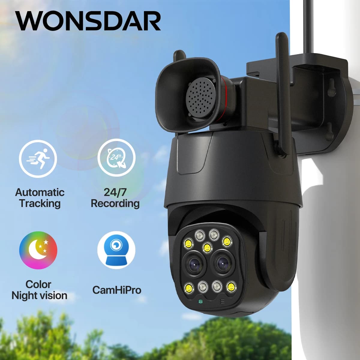 Telecamera IP WiFi PTZ WONSDAR con Doppia Lente, Tracciamento AI Umano, Visione Notturna a Colori, Telecamera di Sicurezza Wireless per Esterni, Compatibile con Camhi Pro