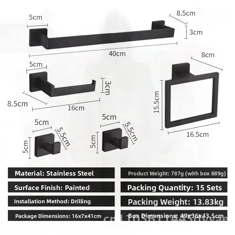 Set of black self-adhesive bathroom accessories with bathrobe hook, towel rack, towel rack and towel holder, without nails required