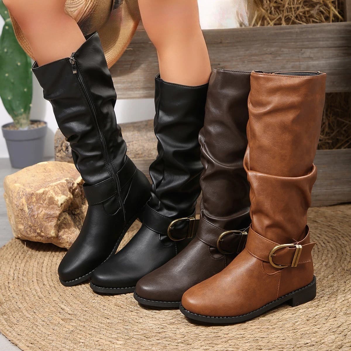 Stivali alti al ginocchio da donna vintage marroni Stivali lunghi con plateau e tacco basso di grandi dimensioni Stivaletti caldi da donna con cerniera in pelle Pu autunno inverno