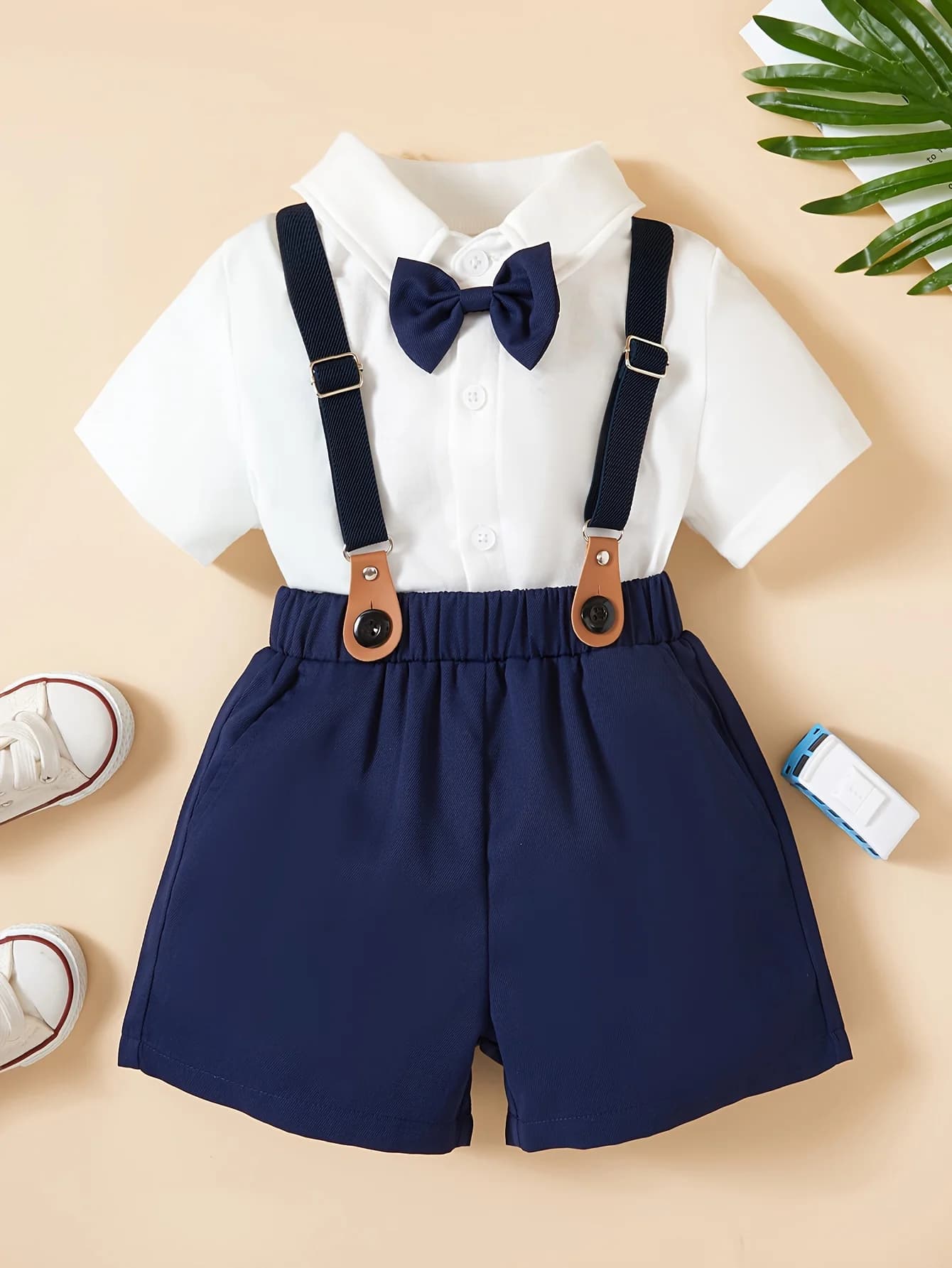 Camicia a maniche corte con fiocco estivo per ragazzi + pantaloncini con cinturino abito da festa Casual da gentiluomo in due pezzi