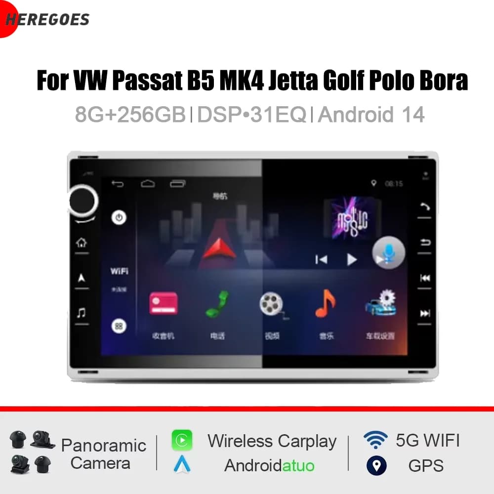 Autoradio 7" CarPlay Android 15 8 Core 12GB RAM 256GB ROM con WiFi GPS Multimedia per VW Passat B5 MK4 Jetta Golf Polo Bora
