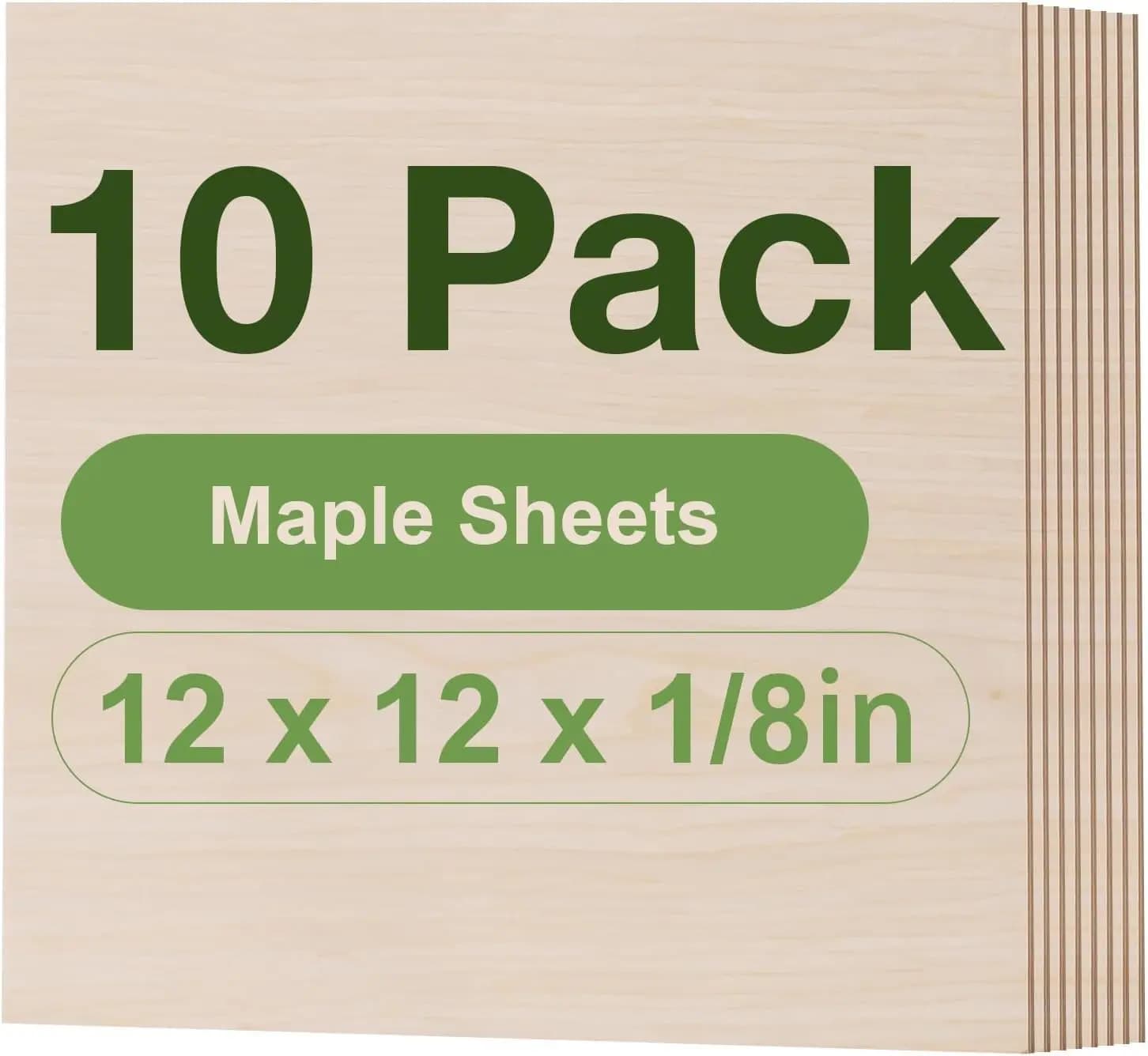Pack of 10 3 mm maple plywood sheets for laser cutting and engraving - 12x12 inch, smooth surface