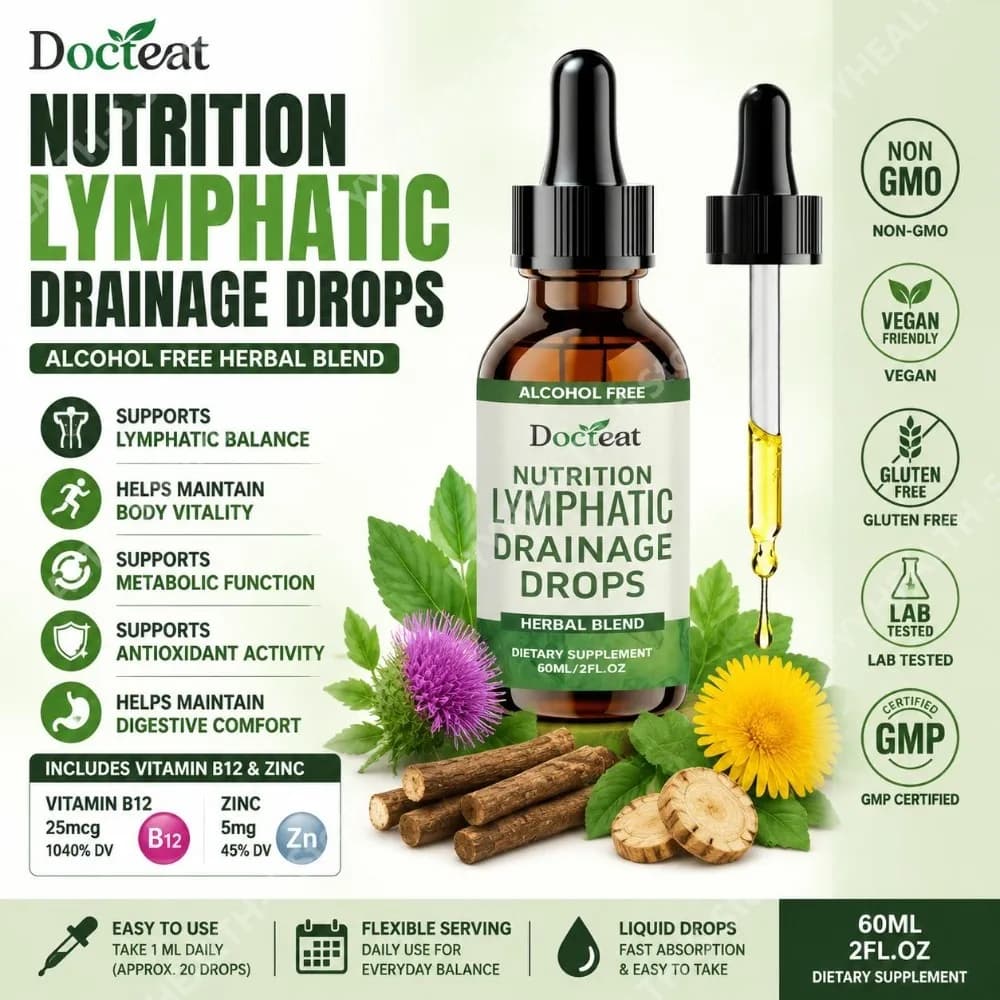 Docteat Lymphatic Drainage Drops Alcohol-Free Blend Supports Lymphatic Balance and Vitality with Vitamin B12 and Zinc 60 Ml