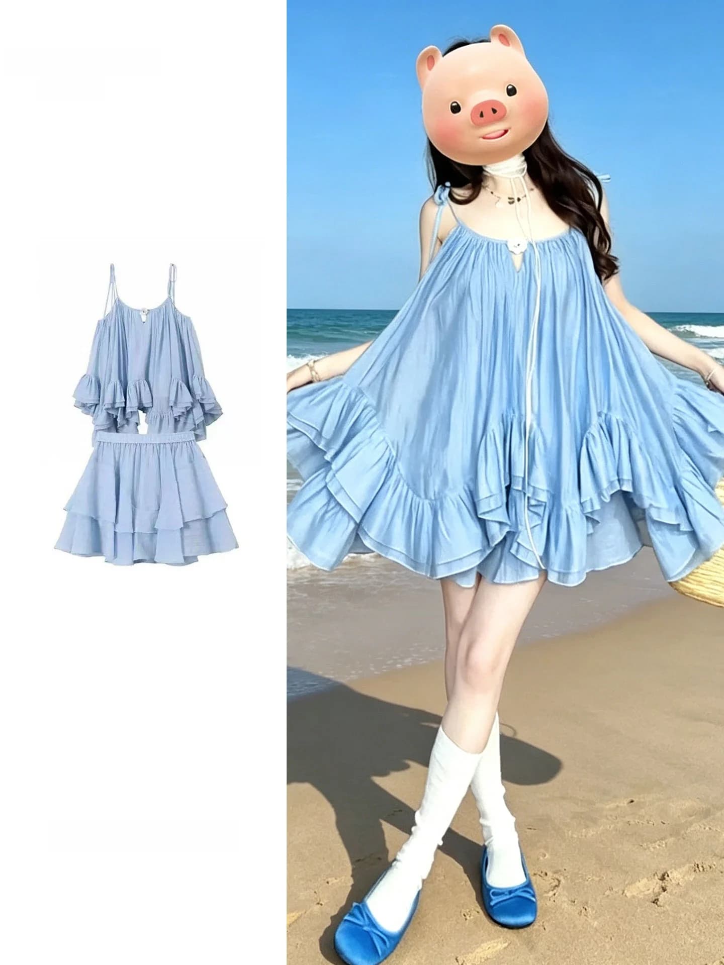 Summer Blue Lace Hem off Shoulder Top And Skirt Set Women's Beachwear Loose Fit Two-Piece Outfit with Sash Tie Design