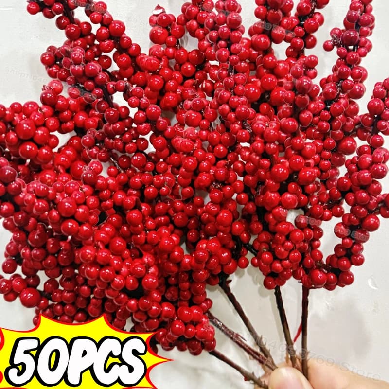 Bacche rosse artificiali Ramo Natale Piante finte Fiori Fortunato Bacche di agrifoglio Stame Ghirlanda Ornamenti Albero di Natale Festa a casa 2026