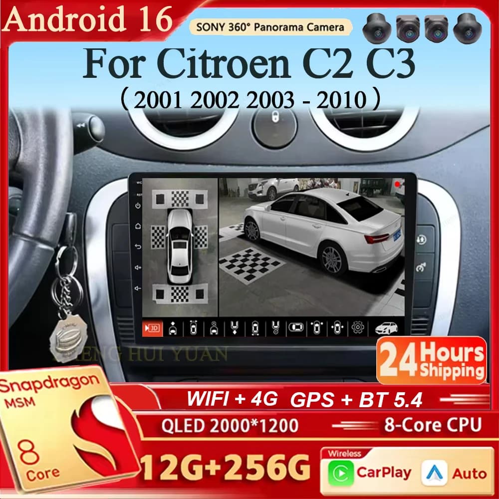 Autoradio Android 16 con Navigazione, Lettore Multimediale Stereo, Carplay e Auto per Citroen C2 C3 2001 2002 2003 - 2010