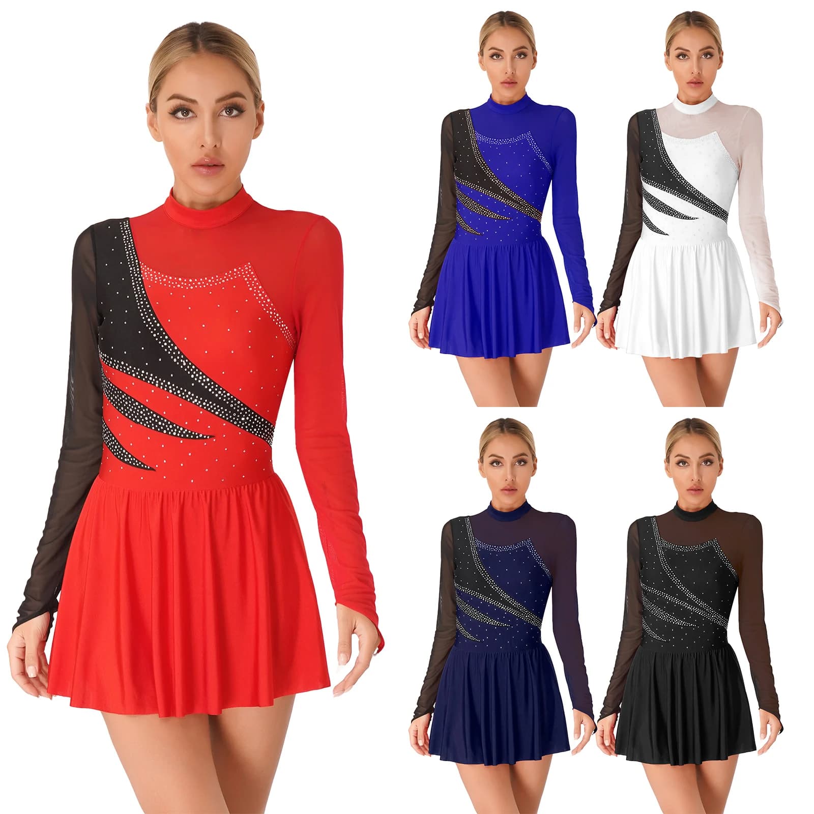 Women Figure Skating Performance Dress Lyrical Dance Gymnastics Ballet Leotard Dress Long Sleeve Rhinestone Sheer Mesh Dancewear
