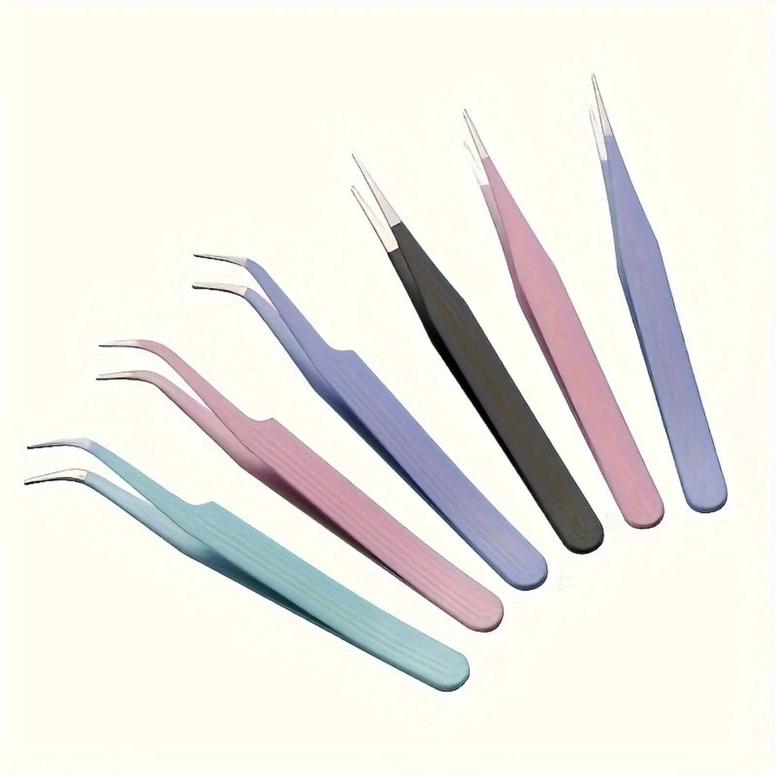 2-piece stainless steel precision tweezers, color album, straight and curved head, pink/blue/violet/white/bla