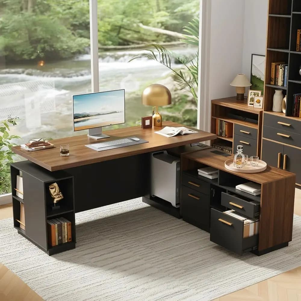 L-Shaped Electric Height Adjustable Desk, 71 with Cable Management, AC/USB Ports, 1.18 Thick Walnut Surface for Home or Office