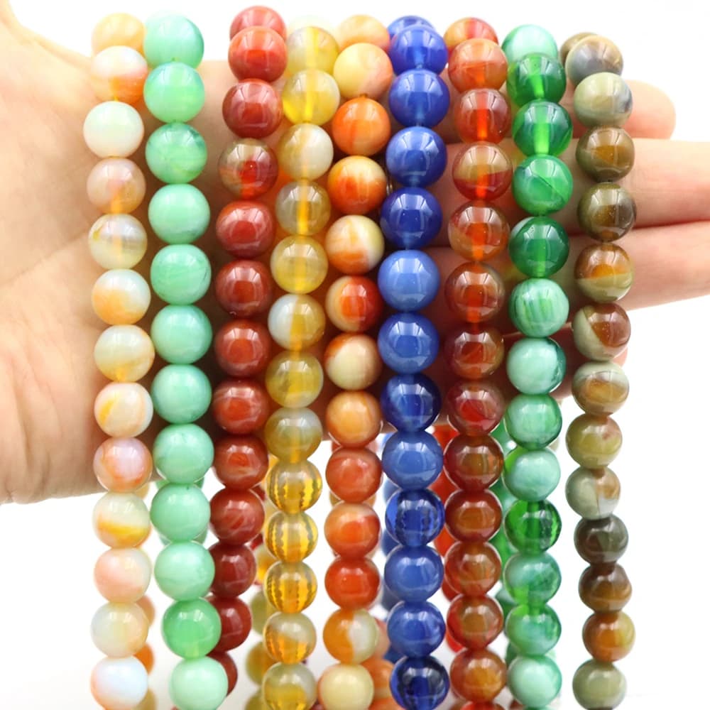 Perline Rotonde in Cristallo di Agata Rossa, Calcedonio Colorato, Arancione e Blu, per Creazione di Gioielli, Collane e Bracciali Fai-da-Te