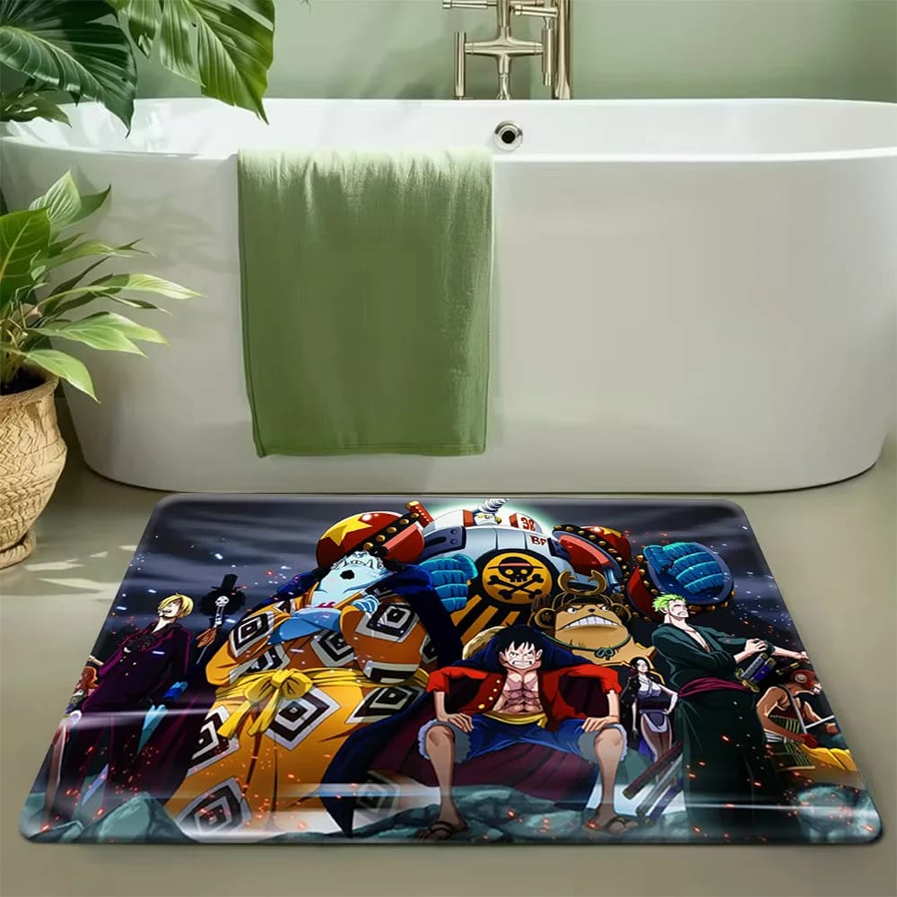 Tappetino da bagno assorbente antiscivolo con immagine di gruppo dei Pirati del Cappello di Paglia di One Piece, tappeto da bagno con personaggi iconici della squadra pirata.