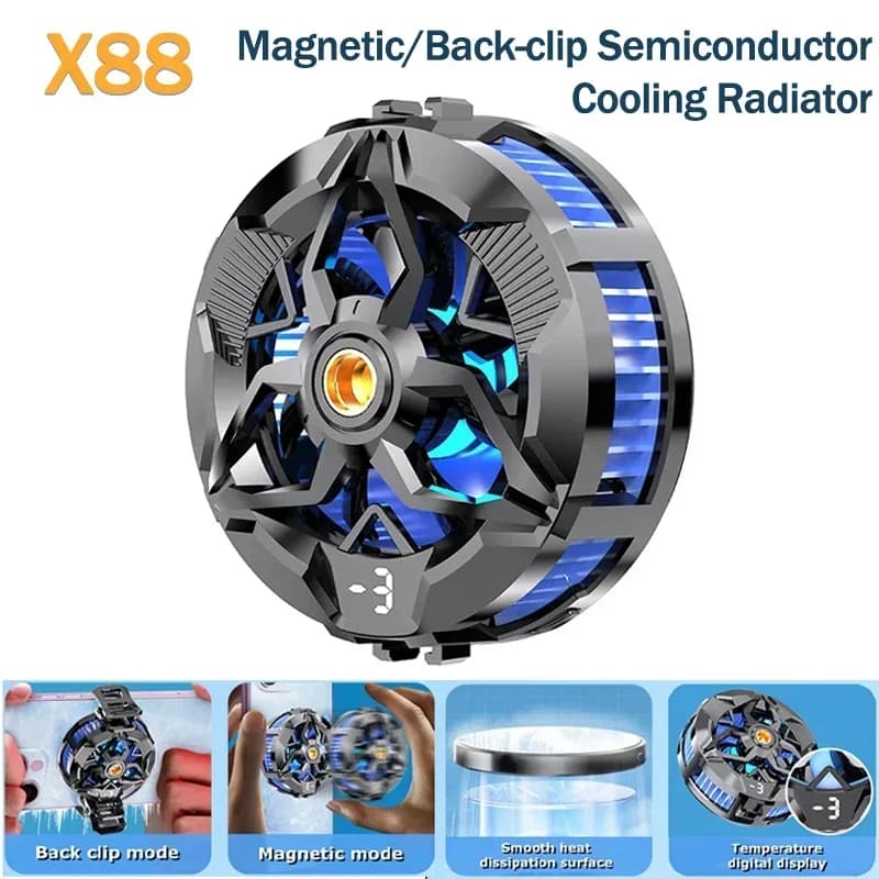 X88 Radiatore a semiconduttore per telefono cellulare Magnetico/clip posteriore 2 in 1 Dissipatore di calore freddo Dispositivo di raffreddamento del gioco con regolazione a 3 marce per IOS Android