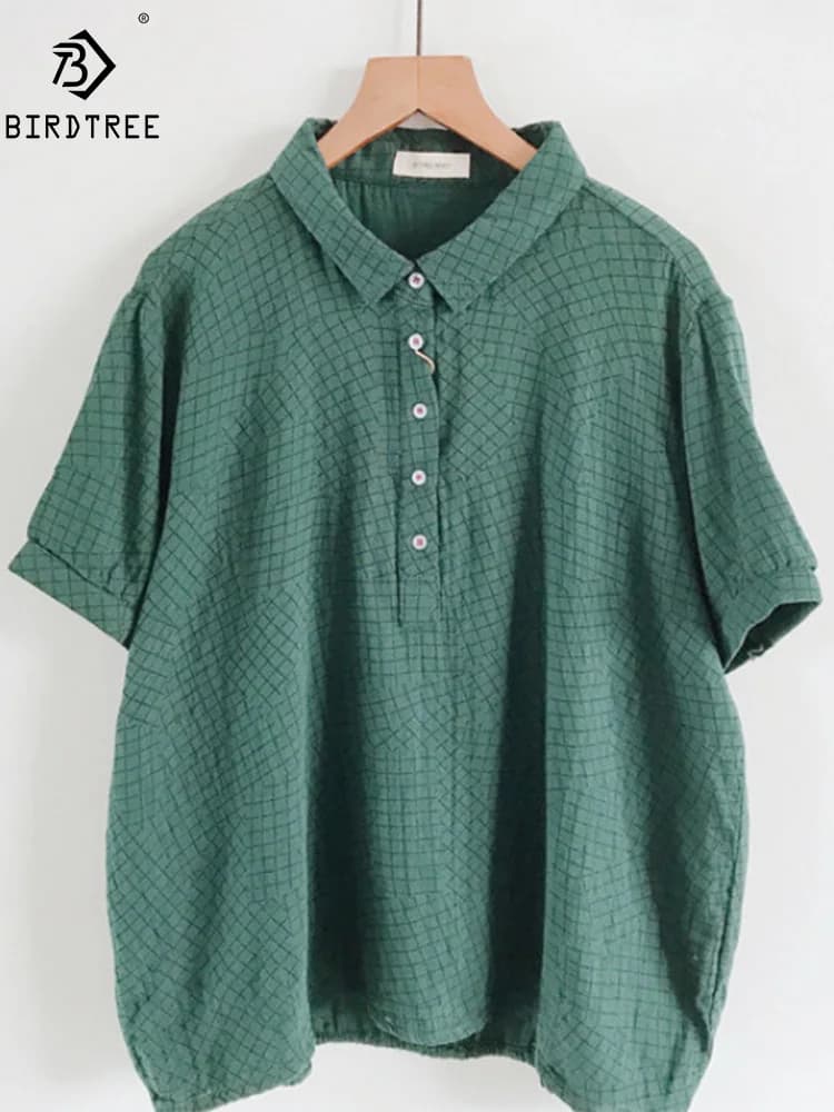 Nuova camicia a maniche corte in filato di cotone estivo, Top scozzese con risvolto da donna, camicette larghe moda Casual Mori Girl, 2024 autunno T47726QM