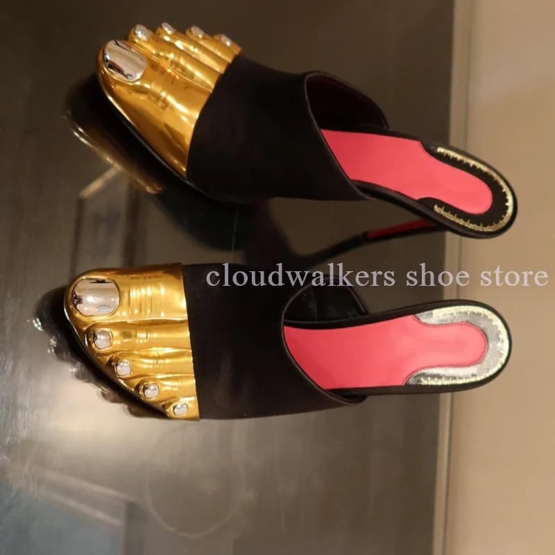 Stile particolare Cinque dita dei piedi Design dipinto Cuciture in raso Pantofole con tacco alto da donna Slingback sexy Slip On Scarpe da passerella alla moda