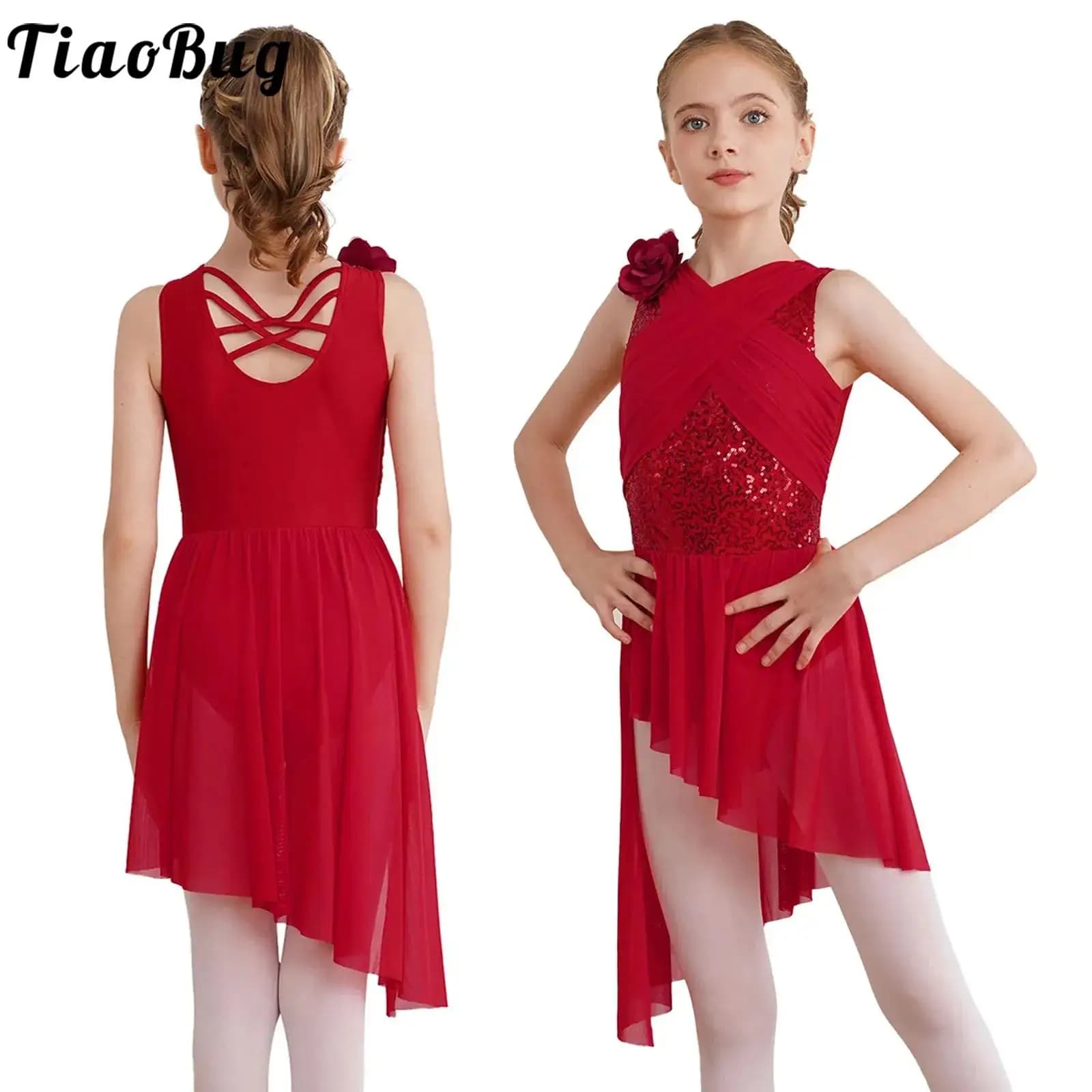 Vestito da ballo lirico per ragazza per bambini Paillettes Sovrapposizione trasparente Gonna divisa in rete Balletto Ginnastica Body Abito Pattinaggio di figura Dancewear