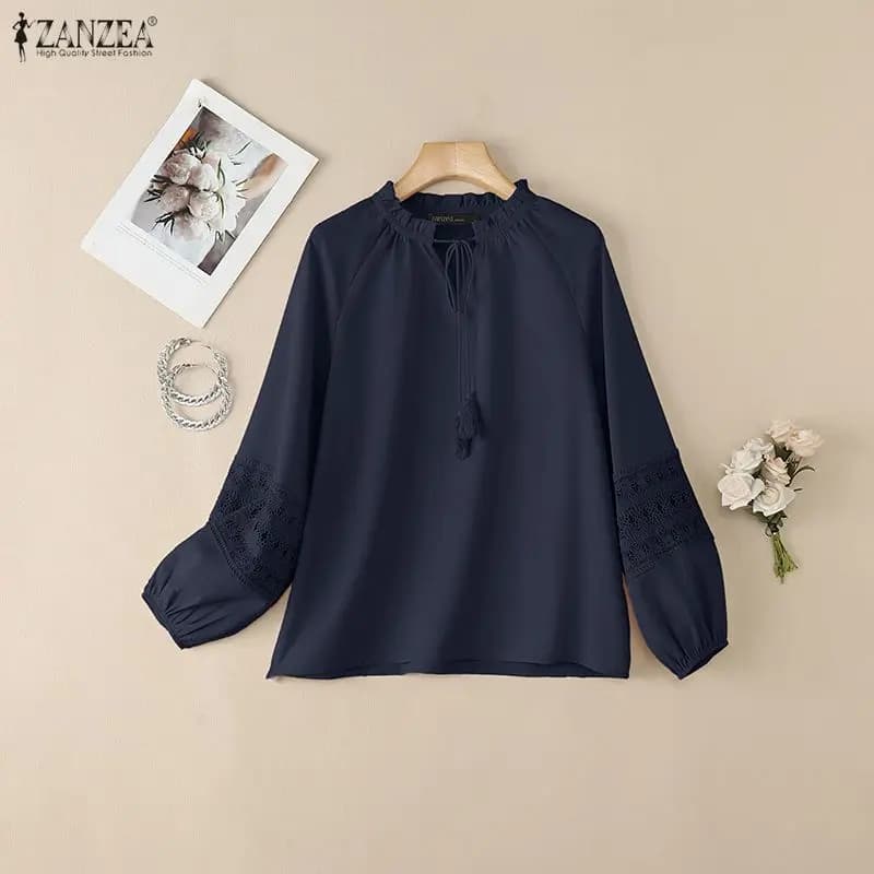 ZANZEA 2026 Primavera Camicetta da Donna con Scollo a V e Maniche Lunghe, Blusa da Lavoro Casual Elegante con Lacci, Top Oversize per Vacanze