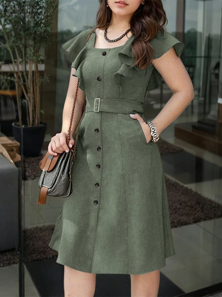 ZANZEA Donne Eleganti Office Lady Dress Estate Manica Corta Increspato Abiti Casual Tinta Unita Colletto Quadrato Partito Midi Vestito Estivo