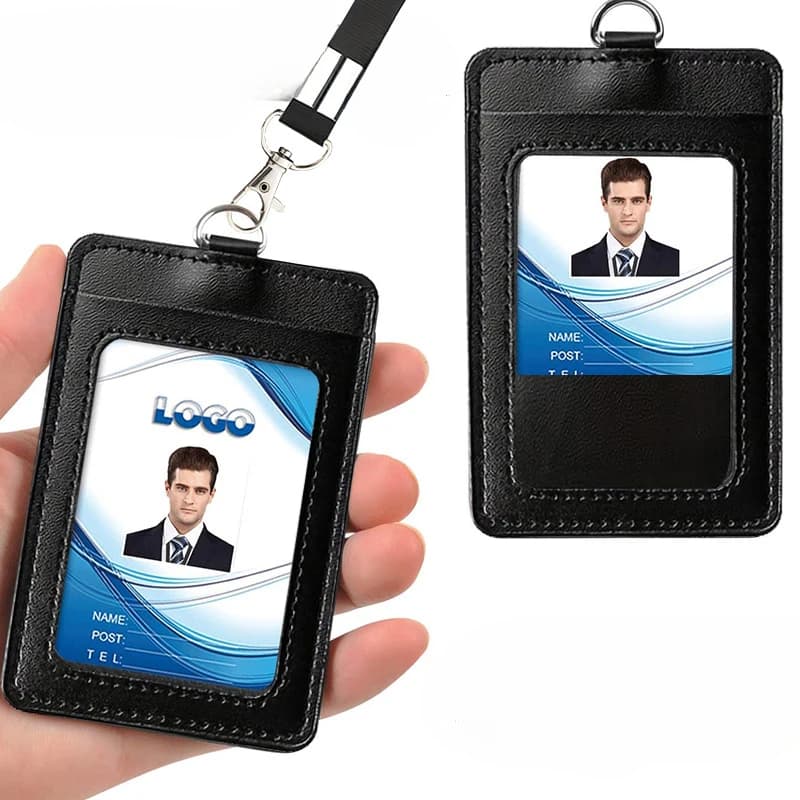 Porta carte di lavoro nero da 1 pezzo con cordino Porta carte di credito in PU Porta carte di credito Porta carte d'identità per autobus Distintivo d'identità con tracolla