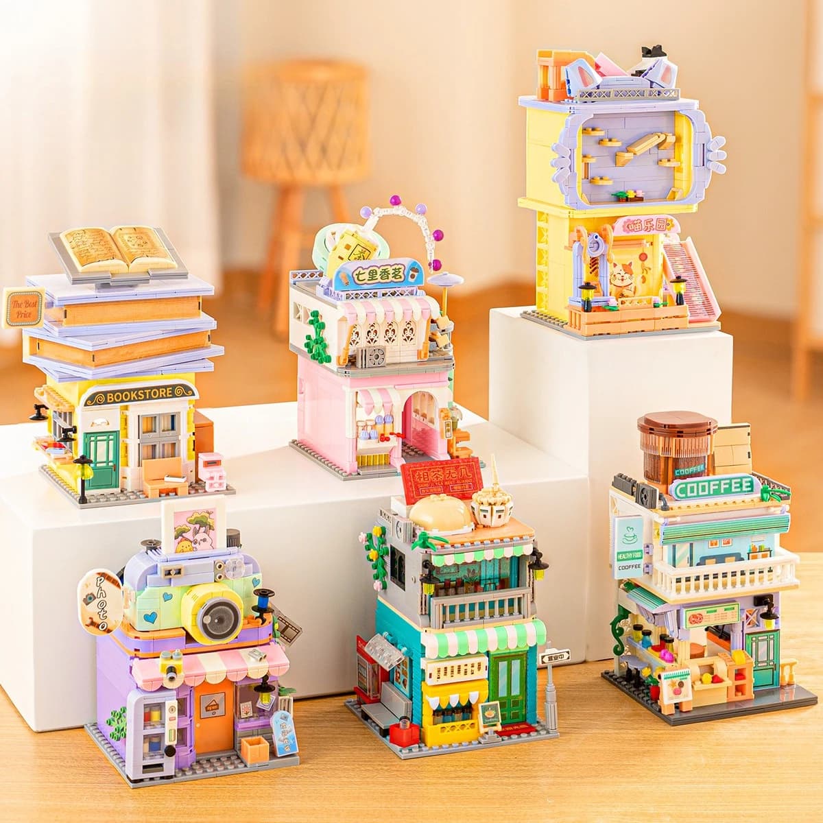 MOC Coffee Hong Kong Style Tea Restaurant Building Blocks Set Modular Flower House Store Toys For Children Birthday Holiday Gift