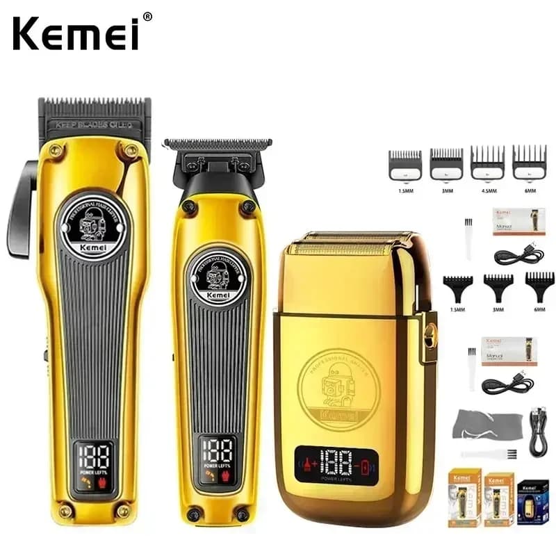 Kemei Electric Haircut Set All in Metal, Wireless Barbary Trimmer, Male Razor, Hair Cutting Machine KM-1825 KM-1855 KM-TX3 Gold