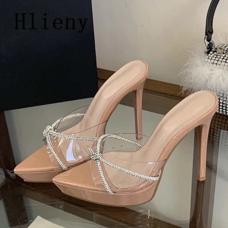 Hlieny Designer Crystal Rhinestone Transparent Shoes For Women Platform High Heels Modern Slippers Summer Pointed Toe Sandals