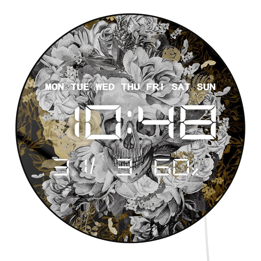 Skull With Flower Digital Wall Clock with Timer Date Temperature Gothic Floral Design Electronic Wall Clock Big Number Display