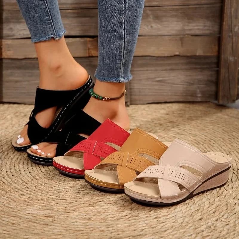 2025 Summer Simple Women's Wedge Sandals Orthopedic Open Toe Retro Anti-Slip Leather Casual Women's Thick-soled Slippers Sandals