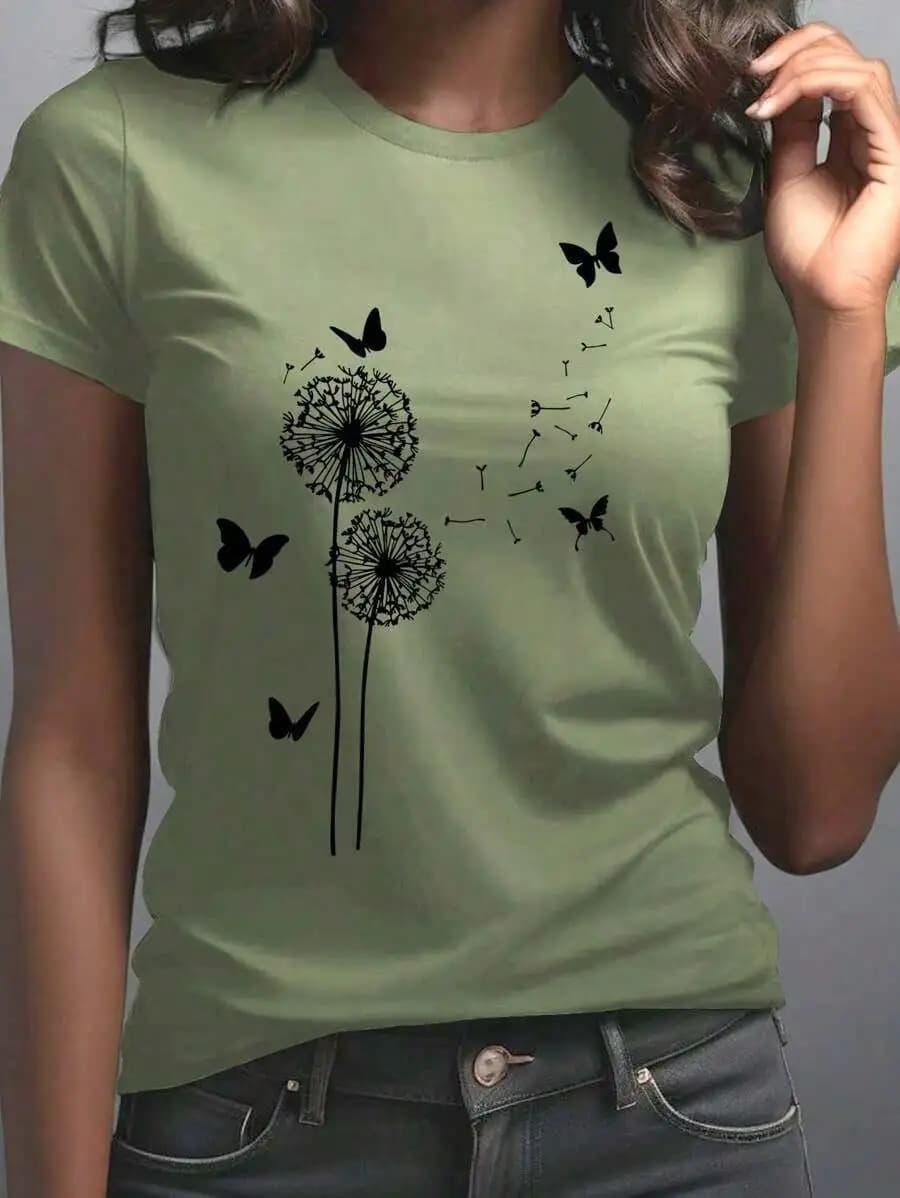 T-shirt da donna estiva casual con stampa di farfalle e tarassaco, manica corta, girocollo