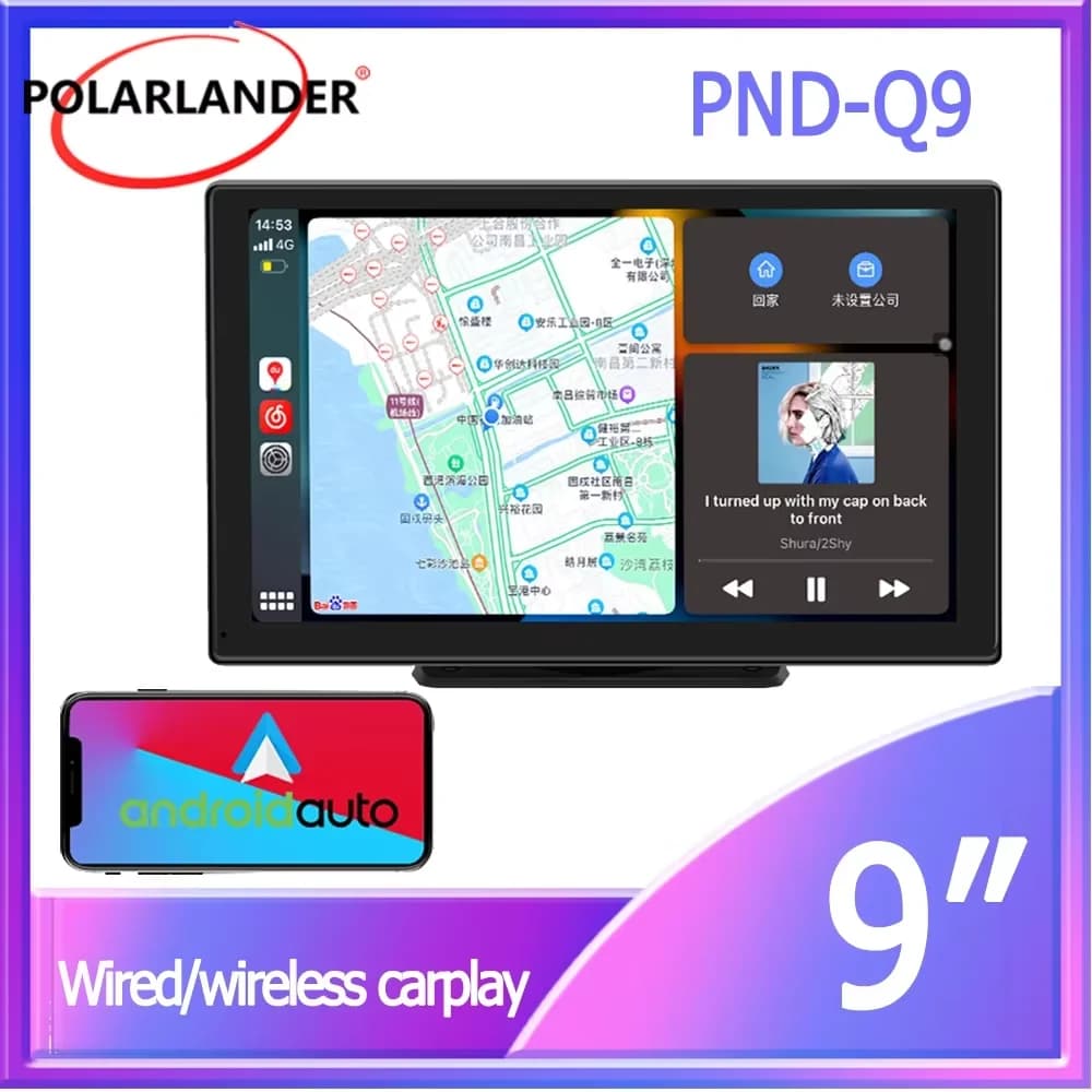 ‌ Angolo regolabile ‌ PND-Q9, trasmettitore FM vivavoce Bluetooth per navigazione GPS con display per auto Carplay wireless portatile da 9 pollici