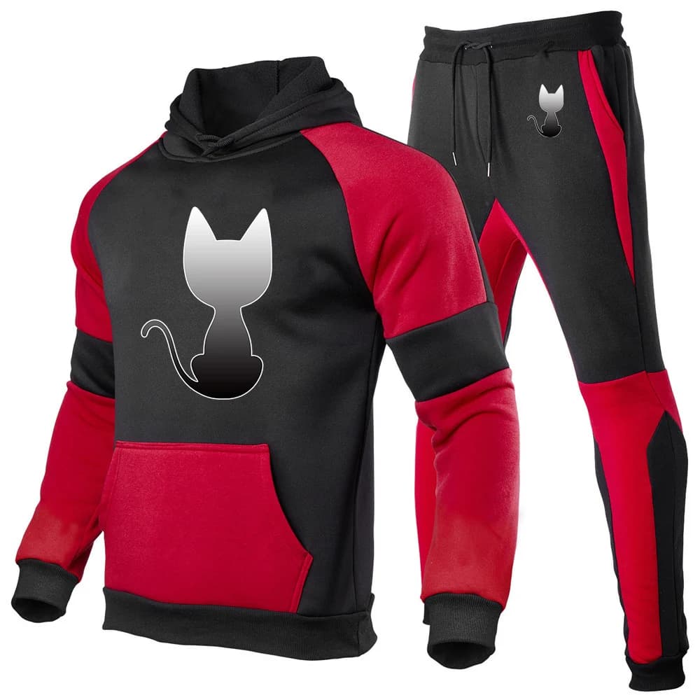 2026 Spring Autumn Men's Funny cat silhouette Logo Print Avant Garde Style Hoodies+Leisure Long Pants Patchwork Designer Suits