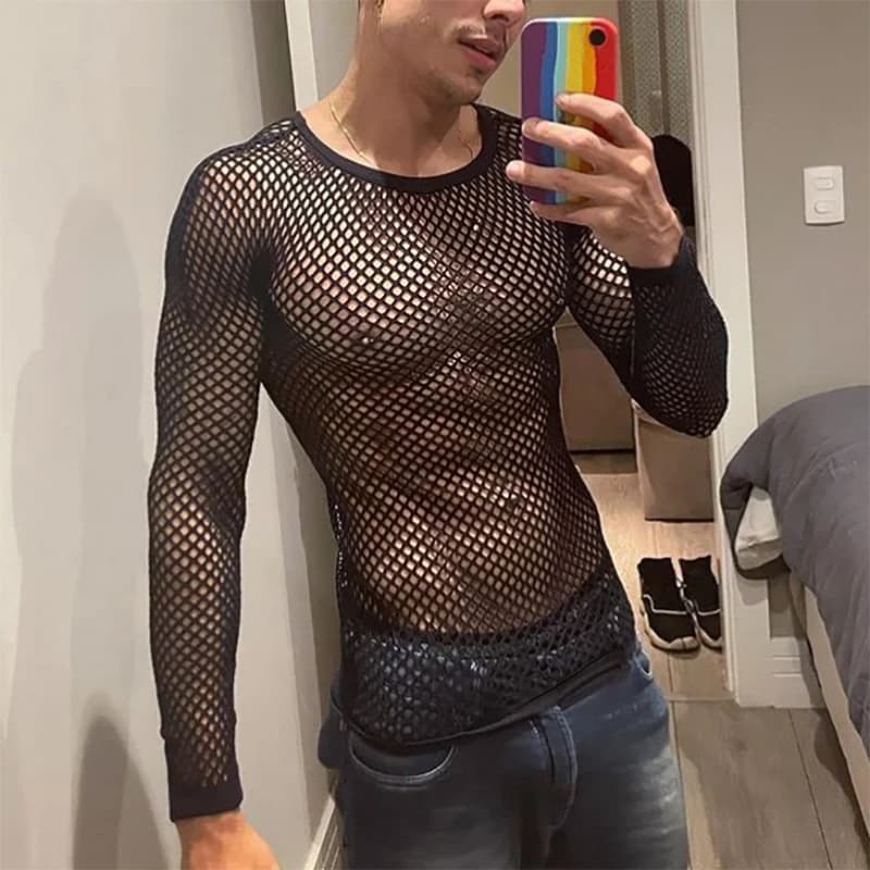 Magliette a Rete da Uomo, Collo Tondo, Maniche Lunghe, Top Trasparenti, Sottomaglia Muscolare per Uomo, Sexy, da Discoteca, Stile Gotico Punk Streetwear