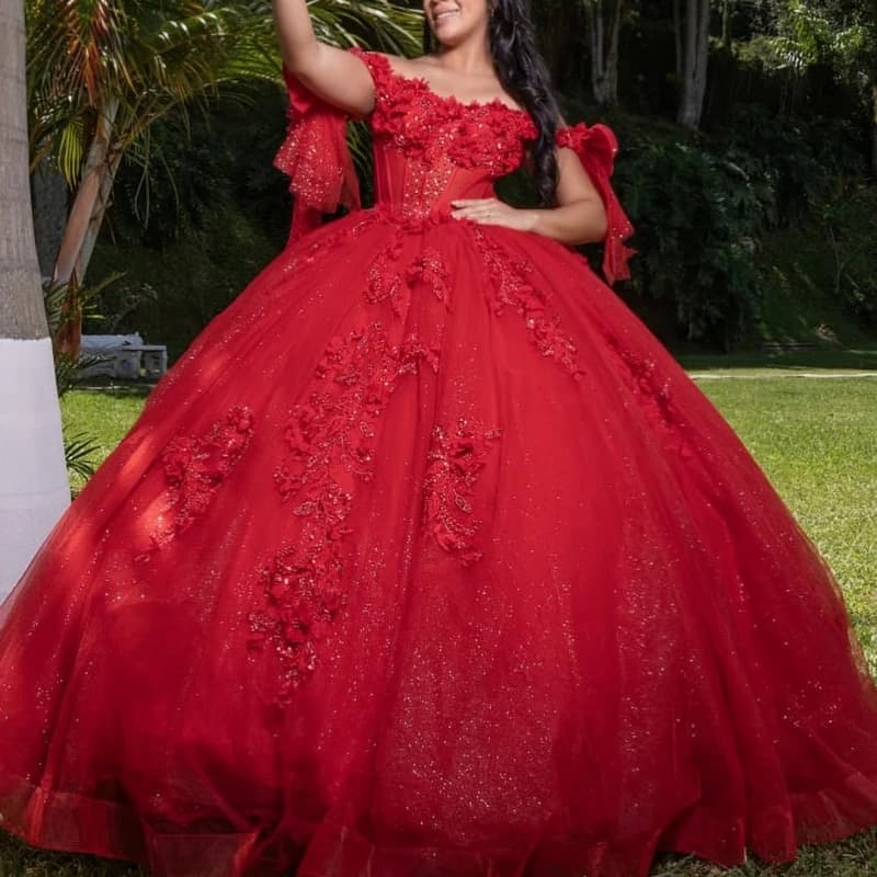 Abiti Quinceanera rossi lucidi con spalle scoperte Applique Fiore che borda Abito da ballo in tulle Abiti da 15 Anos Abito dolce 16