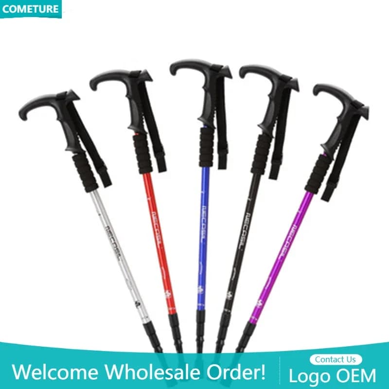 Aluminum Alloy Light Walking Stick Trekking poles with T-shaped handle to 3 sections Alpenstock trekking pole