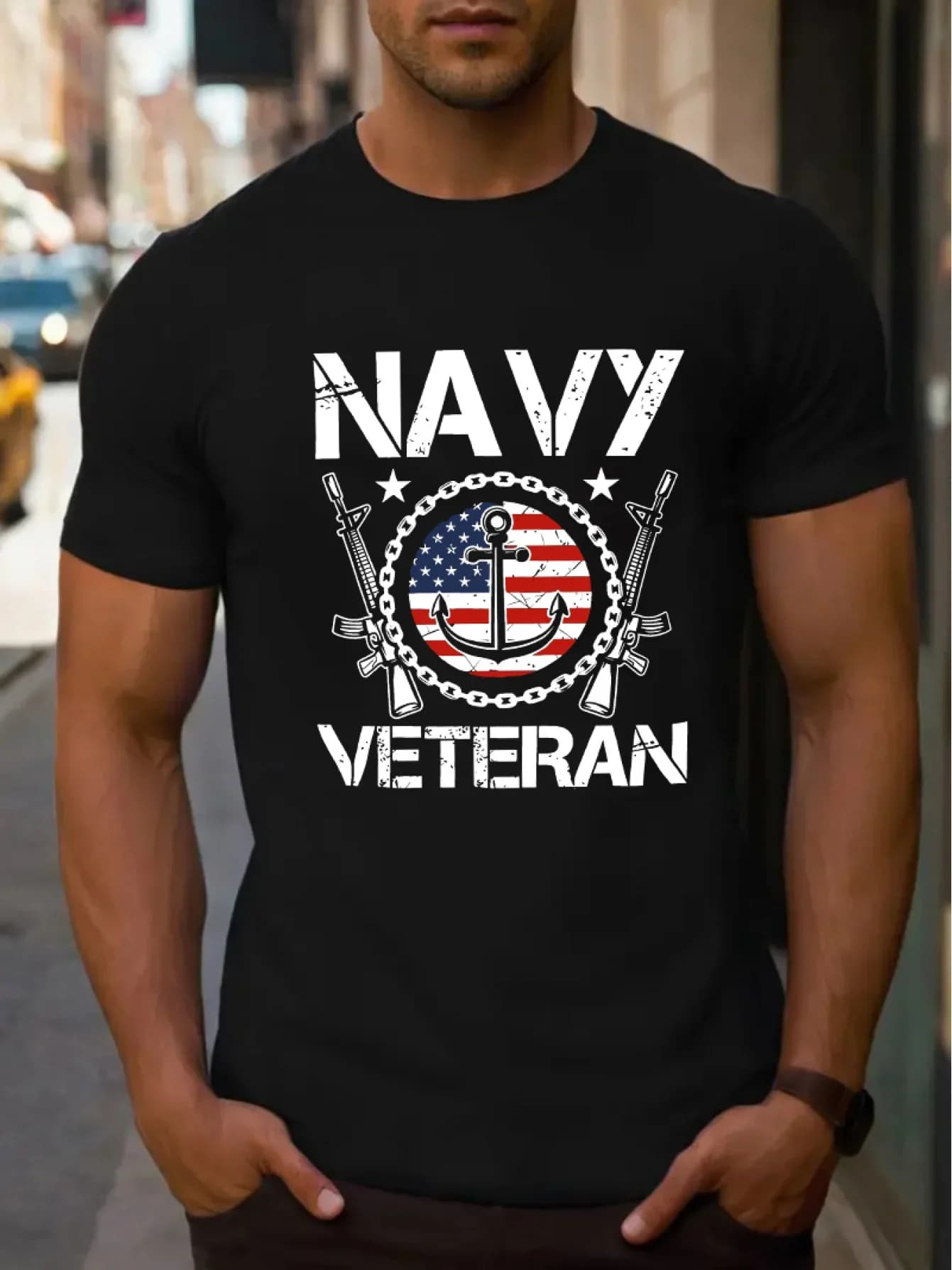 [Avventura] T-shirt da veterano blu scuro da uomo - Girocollo nero, manica corta, 100% poliestere, lavabile in lavatrice, con bandiera americana