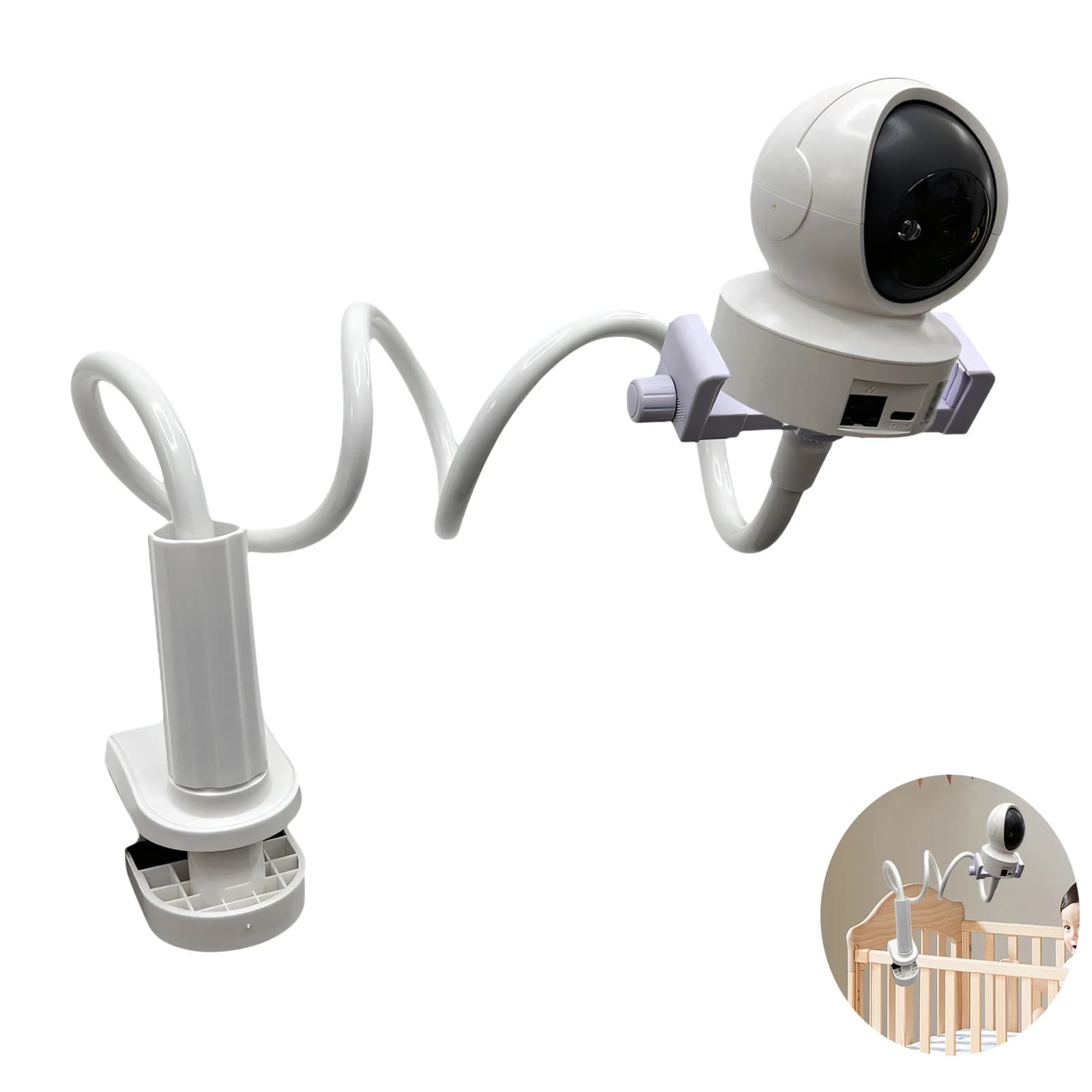 Baby monitor support, 43.5 inch long flexible arm with durable clamp for cradle, furniture