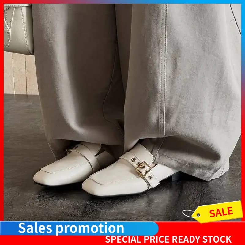 Women Suede Sheepskin Square Toe Loafers Buckle Slip On Low Heel Pigskin Lining TPR Sole Old Money Style Casual Shoes Black F171